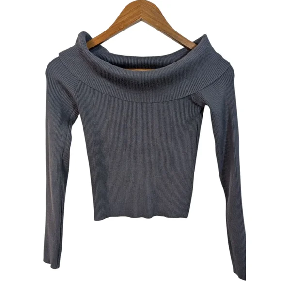 Edikted Dark Gray Ribbed Knit Off The Shoulder Crop Pullover Sweater - Picture 1 of 8